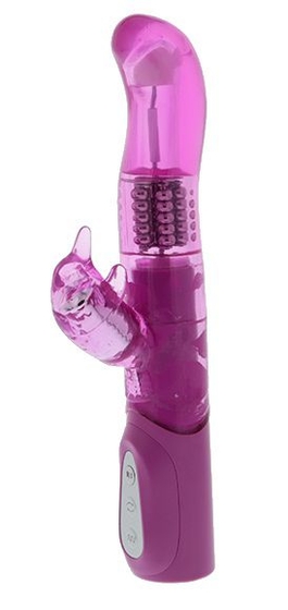 Розовый вибратор с загнутой вращающейся головкой и клиторальным стимулятором Exotik Hummer - 23 см. - фото, цены