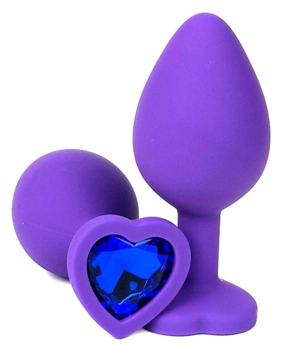 Фиолетовая силиконовая анальная пробка с синим стразом-сердцем - 8,5 см. - фото, цены