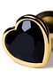 Золотистая коническая анальная пробка с черным кристаллом-сердечком - 7 см. 