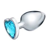Серебристая коническая анальная пробка с голубым кристаллом-сердечком - 9 см. - фото, цены