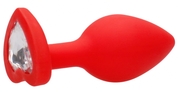 Красная анальная пробка с прозрачным стразом Large Ribbed Diamond Heart Plug - 8 см. - фото, цены
