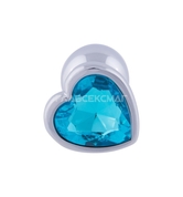 Серебристая анальная пробка с голубым кристаллом-сердцем - 7 см. - фото, цены