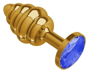 Золотистая пробка с рёбрышками и синим кристаллом - 7 см. - фото, цены
