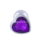 Серебристая анальная пробка с фиолетовым кристаллом-сердцем - 7 см. - фото, цены