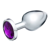 Серебристая металлическая анальная пробка с фиолетовым кристаллом - 9 см. - фото, цены