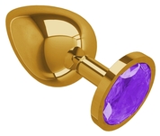 Золотистая большая анальная пробка с фиолетовым кристаллом - 9,5 см. - фото, цены