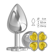 Серебристая анальная пробка-клевер с желтым кристаллом - 8,5 см. - фото, цены