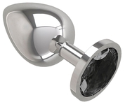 Серебристая большая анальная пробка с чёрным кристаллом - 9,5 см. - фото, цены