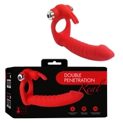 Красная вибронасадка Double Penetration Real с клиторальным зайчиком - фото, цены