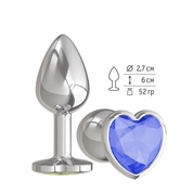 Серебристая анальная втулка с синим кристаллом-сердцем - 7 см. - фото, цены