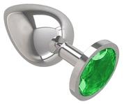 Серебристая большая анальная пробка с зеленым кристаллом - 9,5 см. - фото, цены