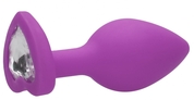 Фиолетовая анальная пробка с прозрачным стразом Large Ribbed Diamond Heart Plug - 8 см. - фото, цены