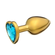 Золотистая анальная пробка с голубым кристаллом в форме сердца - 7 см. - фото, цены