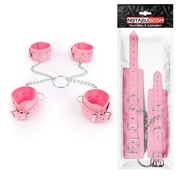 Комплект розовых наручников и оков на металлических креплениях с кольцом - фото, цены