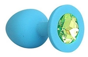 Голубая силиконовая анальная пробка с салатовым кристаллом - 9,5 см. - фото, цены