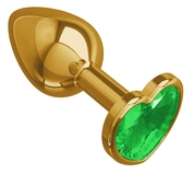 Золотистая анальная втулка с зеленым кристаллом-сердцем - 7 см. - фото, цены