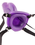 Фиолетовый полый страпон с вибрацией и клиторальным стимулятором Wonderful Wabbit Hollow Strap-on - 18 см. - фото, цены