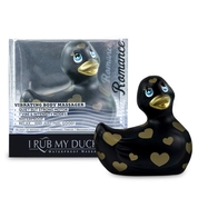 Черный вибратор-уточка I Rub My Duckie 2.0 Romance с золотистым принтом - фото, цены