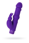 Фиолетовый вибратор с утолщением посередине и клиторальным зайчиком - 18 см. - фото, цены