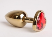 Золотистая анальная пробка с красным стразиком-сердечком - 7,5 см. - фото, цены