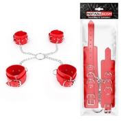 Комплект красных наручников и оков на металлических креплениях с кольцом - фото, цены