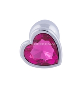 Серебристая анальная пробка с ярко-розовым кристаллом-сердцем - 7 см. - фото, цены