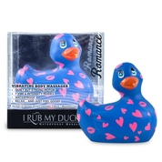 Синий вибратор-уточка I Rub My Duckie 2.0 Romance с розовым принтом - фото, цены
