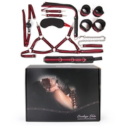 Черно-красный набор бдсм: наручники, оковы, ошейник с поводком, кляп, маска, плеть, лиф - фото, цены