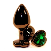Черная коническая анальная пробка с зеленым кристаллом-сердечком - 8 см. - фото, цены
