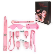 Оригинальный розовый набор бдсм: маска, кляп, верёвка, плётка, ошейник, наручники, оковы - фото, цены