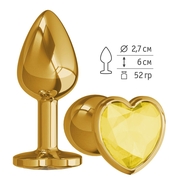 Золотистая анальная втулка с желтым кристаллом-сердечком - 7 см. - фото, цены