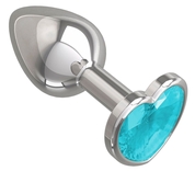 Серебристая анальная втулка с голубым кристаллом-сердцем - 7 см. - фото, цены