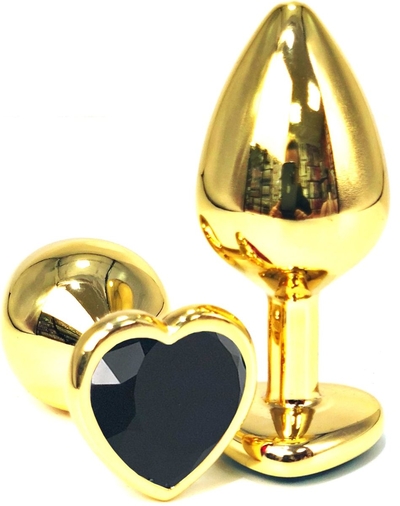 Золотистая анальная пробка с черным кристаллом-сердцем - 7 см. - фото, цены