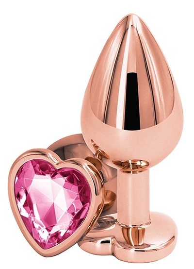 Золотистая анальная втулка с розовым кристаллом в виде сердечка - 7 см. - фото, цены