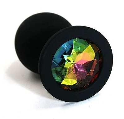 Чёрная силиконовая анальная пробка с радужным кристаллом - 7 см. - фото, цены