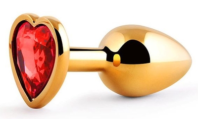 Золотистая анальная пробка с красным стразом-сердечком - 7 см. - фото, цены