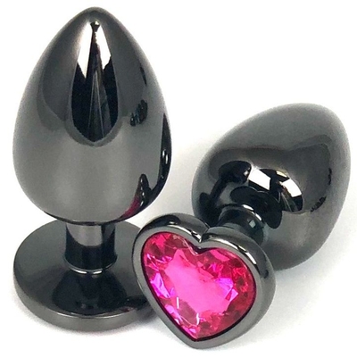 Черная металлическая анальная пробка с розовым стразом-сердечком - 7,5 см. - фото, цены