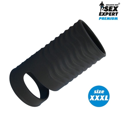 Черная открытая насадка на пенис с кольцом для мошонки XXXL-size - 9,9 см. - фото, цены