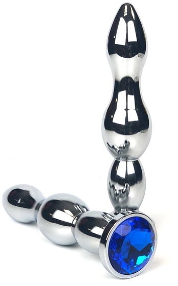 Серебристая коническая анальная пробка-ёлочка с синим кристаллом - 13 см. - фото, цены