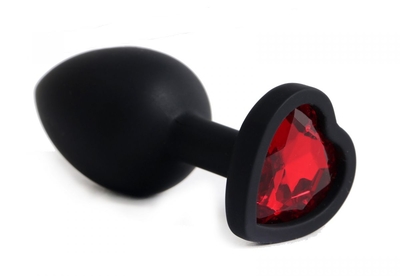 Черная анальная силиконовая пробка с красным стразом-сердцем - 7,5 см. - фото, цены