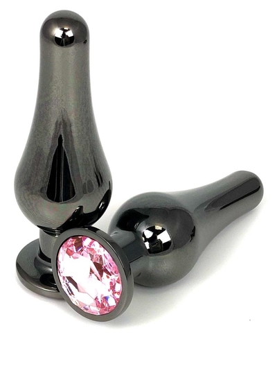 Черная удлиненная анальная пробка с нежно-розовым кристаллом - 11,5 см. - фото, цены
