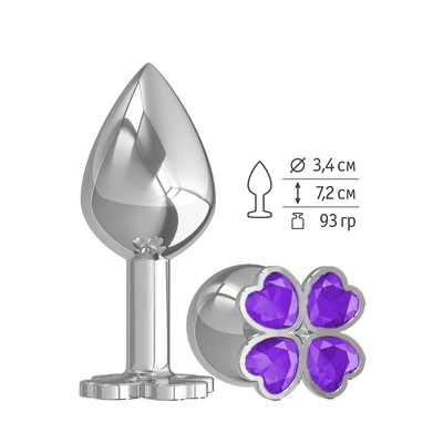 Средняя серебристая анальная втулка с клевером из фиолетовых кристаллов - 8,5 см. - фото, цены