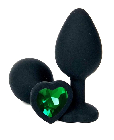 Черная силиконовая пробка с зеленым кристаллом-сердцем - 8,5 см. - фото, цены