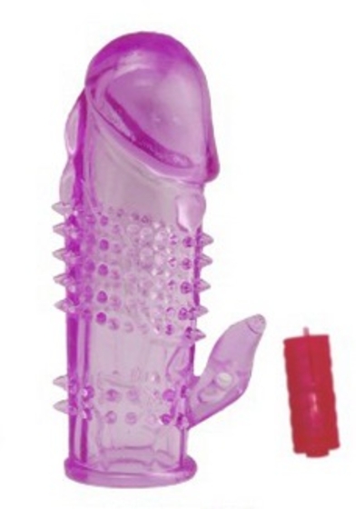 Фиолетовая насадка на фаллос с вибрацией и стимулятором клитора - 10 см. - фото, цены