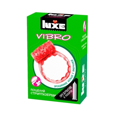 Розовое эрекционное виброкольцо Luxe Vibro Поцелуй стриптизёрши + презерватив - фото, цены