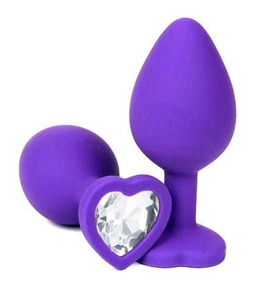 Фиолетовая силиконовая анальная пробка с прозрачным стразом-сердцем - 8 см. - фото, цены