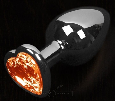 Серая анальная пробка с оранжевым кристаллом в виде сердечка - 6 см. - фото, цены