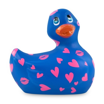 Синий вибратор-уточка I Rub My Duckie 2.0 Romance с розовым принтом - фото, цены