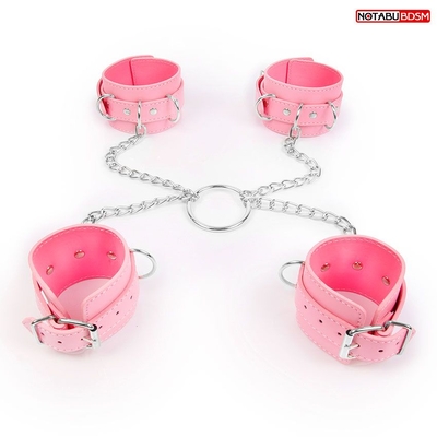 Комплект розовых наручников и оков на металлических креплениях с кольцом - фото, цены