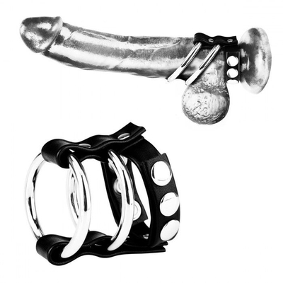 Двойное металлическое кольцо на пенис с регулируемым ремешком - фото, цены